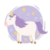 unicorno con corno d'oro cuori stelle fantasia magica cartone animato animale carino vettore