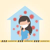 virus covid 19 quarantena, donna con maschera in casa simbolo coronavirus vettore
