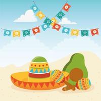 cinco de mayo cappello maracas e avocado celebrazione messicana vettore