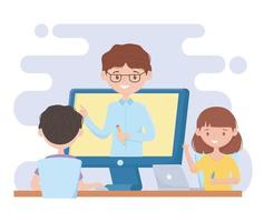istruzione studenti online con laptop che guardano l'insegnante di classe vettore