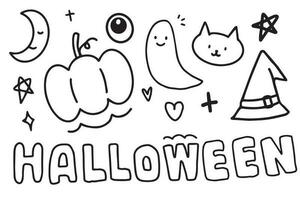 Halloween scarabocchio mano disegnato per illustrazione, cartone animato. strega, gatto, Luna, zucca, fantasma, stella vettore