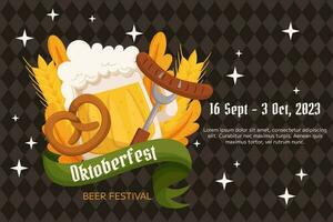 oktoberfest Tedesco birra Festival sfondo. design con bicchiere di birra, salatino e forchetta con salsiccia, Grano e le foglie. rombo modello su indietro vettore