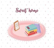 libri di casa dolce e foglie di cornice sul tappeto vettore