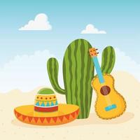 cinco de mayo chitarra cactus e cappello celebrazione messicana vettore