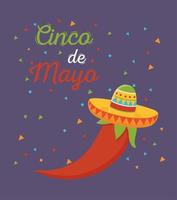 cinco de mayo celebrazione messicana peperoncino con cappello card vettore