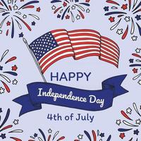 felice giorno dell'indipendenza usa design con sventolando la bandiera nazionale. 4 luglio. illustrazione vettoriale disegnata a mano