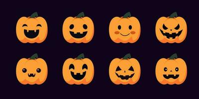 impostato di carino, bello cartone animato zucca lanterna con Sorridi viso per Halloween celebrazione. vettore