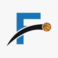 pallacanestro logo su lettera f con in movimento pallacanestro icona. cestino palla logotipo simbolo vettore