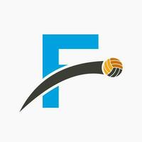 pallavolo logo su lettera f con in movimento pallavolo palla icona. volley palla simbolo vettore