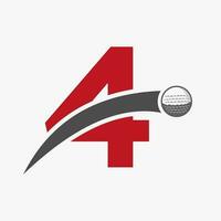 golf logo su lettera 4 concetto con in movimento golf palla icona. hockey sport logotipo simbolo vettore