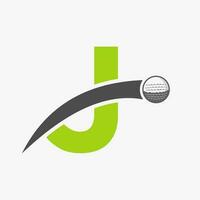 golf logo su lettera j concetto con in movimento golf palla icona. hockey sport logotipo simbolo vettore