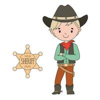 cowboy ragazzo nel costume e il sceriffo stella distintivo. carino infantile cartone animato illustrazione isolato su bianca sfondo per bambini vettore