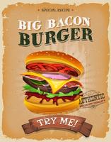 Grunge And Vintage Big Bacon Burger Poster vettore
