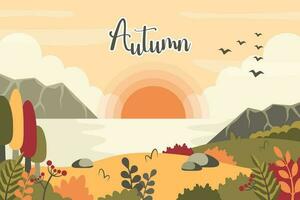 autunno paesaggio con calligrafico testo. autunno sfondo con prato, erba, fiume, tramonto, montagne, calcolo, frutti di bosco. natura modello. vettore cartone animato illustrazione per striscione, manifesto, saluto carta