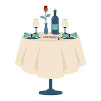 bellissimo romantico cena. romantico ambientazione. ristorante prenotazione. tavolo per Due con bianca tovaglia, posate, occhiali, bottiglia di vino, rosa, candele, tovaglioli. vettore cartone animato illustrazione isolato