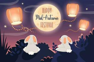 contento metà autunno Festival. carino conigli guardare a Luna e Cinese lanterne. saluto carta con testo per mooncake Festival, Cinese, coreano, asiatico tradizionale vacanza. vettore cartone animato illustrazione