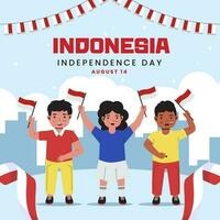illustrazione di bambini Tenere un' bandiera e celebrare Indonesia indipendenza giorno vettore