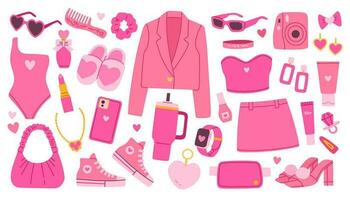 rosa di moda barbiecore impostare, rosa estetico Accessori e vestiario. vettore illustrazione