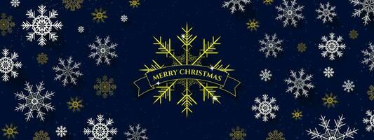 elegante Natale vacanza bandiera con ornamentale fiocco di neve e allegro Natale testo saluto su nastro ghirlanda su alzavola blu sfondo decorato con 3d fiocchi di neve. vettore illustrazione. eps 10.