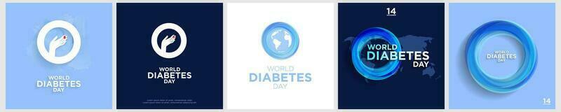 mondo diabete giorno saluto carta manifesti con 3d astratto cerchio diabete simbolo, con mano per sangue zucchero analisi su blu e bianca sfondi. impostato di creativo diabete giorno vettore illustrazione. eps