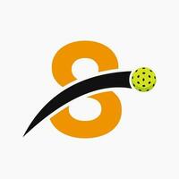 pickleball logo su lettera 8 con in movimento pickleball icona. pickleball cartello modello vettore