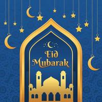 eid al-fitr, idul fitri illustrazione con moschea d'oro, lune e stelle vettore