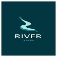 fiume logo, insenature, sponde e flussi, con combinazione di montagne e terreni agricoli con vettore concetto design.