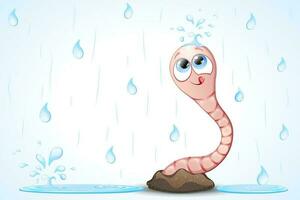 carino cartone animato divertente verme sbirciando su di il terra sotto acqua gocce. vettore