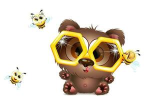 carino soffice cartone animato poco divertente orso con Favo occhiali e tre contento api. vettore