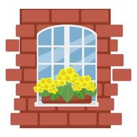 scatola con fiori sulla finestra, muro di mattoni con finestra bianca, illustrazione vettoriale in stile piatto, cartone animato, isolato