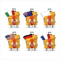 giallo bagagli cartone animato personaggio portare il bandiere di vario paesi vettore