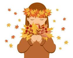 carino ragazza con un' mazzo di autunno acero le foglie e sorbo. illustrazione, Stampa, vettore