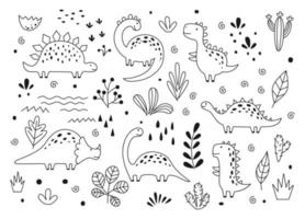 simpatici dinosauri e piante tropicali in stile abbozzato. set dino divertente cartone animato. set di scarabocchi vettoriali disegnati a mano per bambini