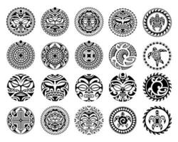 impostato di il giro maori tatuaggio ornamento con sole simboli viso e svastica. africano, maya, azteco, etnico, tribale stile. vettore