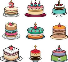 impostato di cartone animato stile compleanno torta illustrazione, piatto davanti design crostata icone collezione vettore