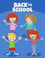 cartone animato contento bambini con indietro per scuola didascalia vettore