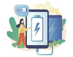 accumulatore di energia concetto. smartphone cablata carica. portatile carica. dispositivo, inteligente digitale tecnologie e Accessori. moderno piatto cartone animato stile. vettore illustrazione su bianca sfondo