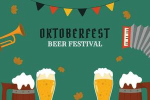 piatto sfondo per oktoberfest celebrazione. un' boccale di birra, un' bottiglia di birra, un' pretzel, un' salsiccia vettore