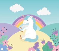 unicorno seduto tra i fiori arcobaleno fantasia magica simpatico cartone animato vettore