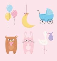 baby shower, coniglietto rosa orsacchiotto carrozzina palloncini cicogna e icone luna vettore