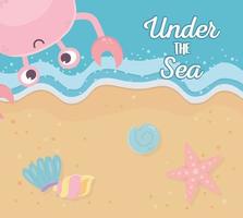 mare sabbia granchio stella marina conchiglie vita cartone animato sotto il mare vettore