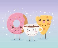 ciambella, formaggio e tazza di cioccolato, kawaii, cibo, cartone animato, carattere, design vettore