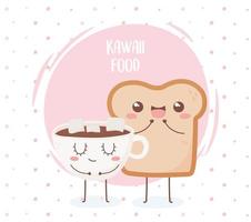 tazza di pane e cioccolato con marshmallow kawaii food personaggio dei cartoni animati design vettore