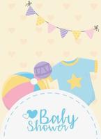 decorazione baby shower, sonaglio body blu e gagliardetti palla vettore