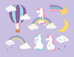 simpatici unicorni arcobaleni nuvola mongolfiera stella luna fantasia cartone animato set vettore