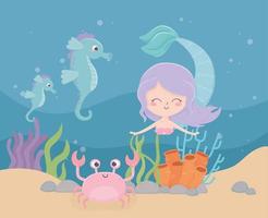 sirena cavallucci marini granchio sabbia corallina cartone animato sotto il mare vettore