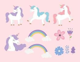 unicorni arcobaleni fiori fantasia magica sogno simpatico cartone animato set vettore