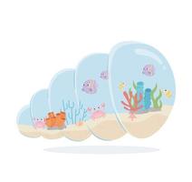 pesci granchio gamberi conchiglia di corallo acquario sottomarino cartone animato vettore