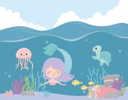 sirena cavalluccio marino meduse pesci barriera corallina cartone animato sotto il mare vettore