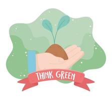 la mano con la pianta pensa all'ecologia dell'ambiente verde vettore